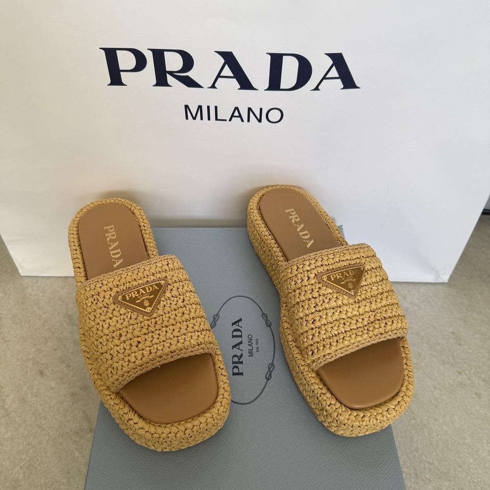 Prada 1XZ761 Crochet flatform slides Raffia Sandals, Women size 40 US 10) - Picture 2 of 16